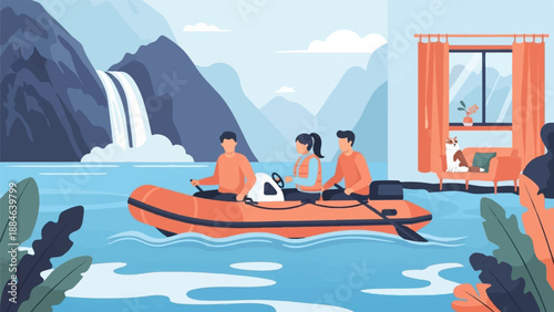 People in a boat with a waterfall behind them, a cat on a couch inside