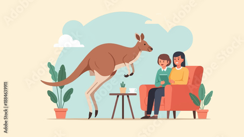 Two people relax as a kangaroo hops past in a stylized living room