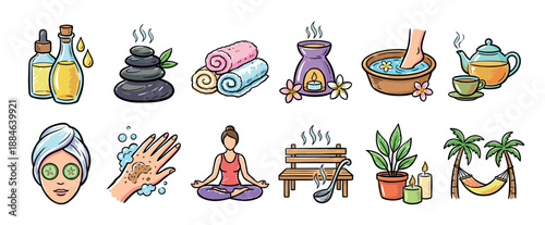 Colorful set of spa and wellness icons featuring hand-drawn illustrations of aromatherapy, meditation, hot stones, and beauty treatments for a relaxing and healthy lifestyle concept