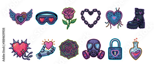Vibrant collection of cyberpunk romance icons featuring futuristic hearts, robotic elements, and edgy love symbols designed as a colorful and detailed sticker or tattoo set