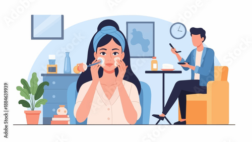 Woman applying skincare, man uses phone while sitting in chair