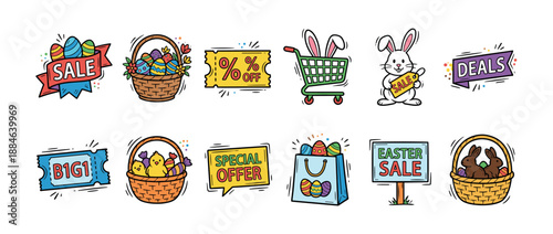 Collection of colorful hand-drawn Easter sale and shopping icons featuring bunnies, decorated eggs, baskets, and various promotional signs for holiday discounts