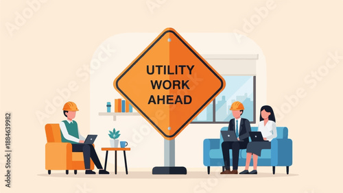 People in hard hats work on laptops near a "Utility Work Ahead" sign