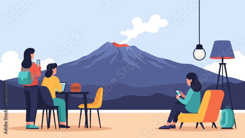 People relax with phones and laptop by volcano vista