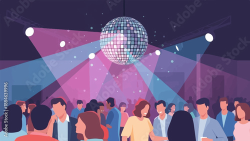 People dancing under a disco ball with colored lights in a club