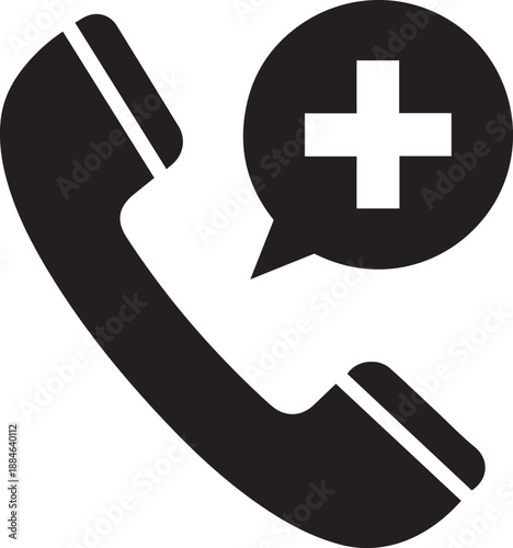 Emergency medical phone call icon with health cross symbol, representing healthcare assistance hotline, telehealth support, and urgent doctor consultation. Minimalist black vector silhouette.