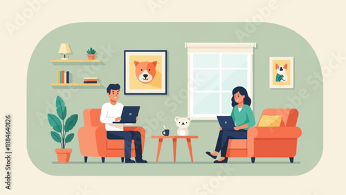 Two people sit comfortably in armchairs, each using a laptop in a cozy room