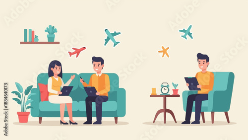 Two people in conversation, laptops and airplanes in background