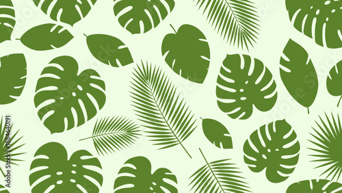 Vibrant illustration showcasing a seamless pattern of diverse tropical monstera and palm leaves against a light background.
