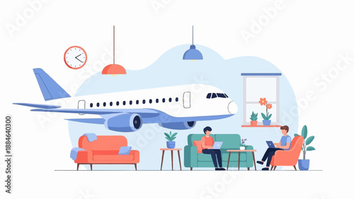 Two people relax in a surreal indoor space with an airplane flying past a window