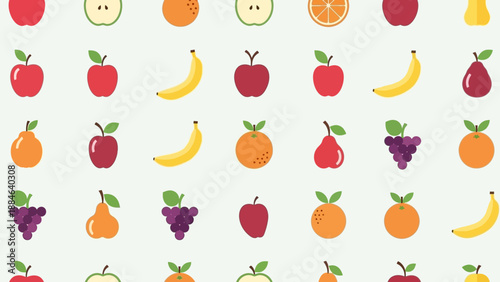 Colorful flat design pattern featuring a repeating arrangement of various stylized fruits like apples, bananas, and grapes.