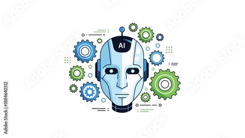 Stylized illustration featuring a futuristic artificial intelligence robot head surrounded by various interconnected blue and green mechanical gears and abstract digital symbols.