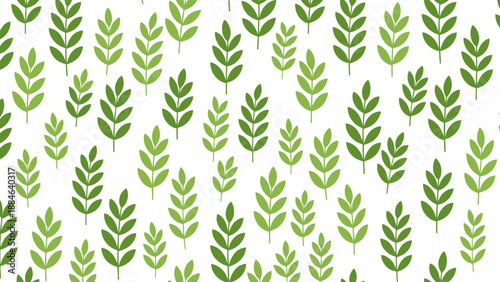 Seamless pattern featuring various shades of simple green sprigs and delicate leaves repeating across a clean white background illustration.