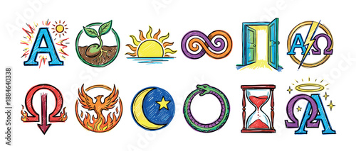 Colorful hand-drawn set of spiritual and philosophical symbols including alpha, omega, phoenix, and ouroboros in a vibrant sketch style illustration