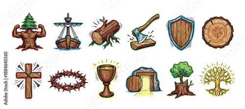Set of twelve hand-drawn icons depicting Christian symbols and wooden objects like a cross, empty tomb, chalice, crown of thorns, tree of life, and a strong muscular tree