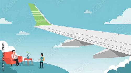 People aboard an airplane wing in the sky with clouds