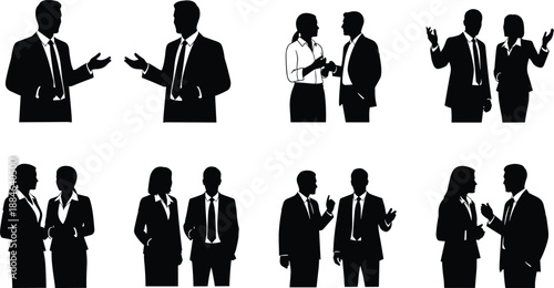 Silhouettes of professional business people in formal suits engaged in corporate discussions networking and collaborative communication within a modern office workspace environment