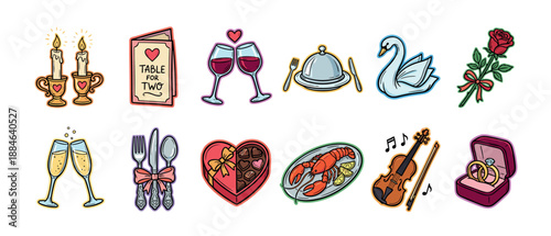 Set of twelve romantic dinner icons including candles, wine glasses, a lobster, wedding rings, and a violin in a colorful hand-drawn doodle style for Valentine's Day