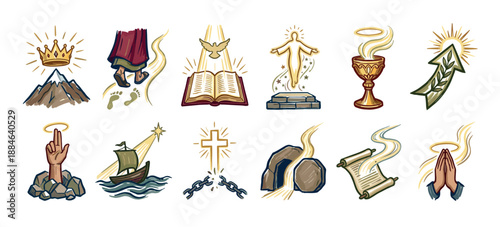 Collection of hand-drawn Christian religious symbols illustrating biblical concepts like resurrection, salvation, prayer, and faith in a stylized icon set for spiritual design