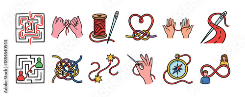 Set of colorful doodle style icons representing connection, relationships, and problem-solving with a red thread metaphor, including a maze, knot, compass, and heart symbol