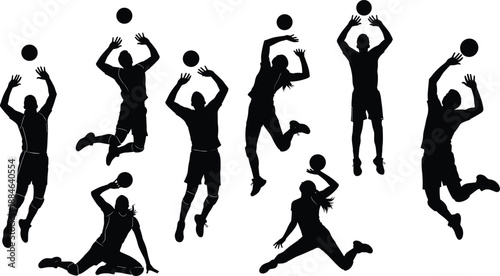 Volleyball player silhouette set showing jumping spiking serving actions isolated on white background sport vector illustration collection graphic design elements pack