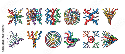 Colorful hand-drawn arrow icons and symbols collection illustrating business concepts like process flow, strategy, chaos vs order, problem-solving, and data filtering