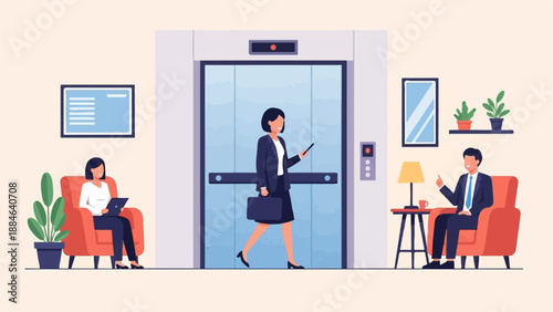 Office lobby scene with elevator, people, plants, and decor
