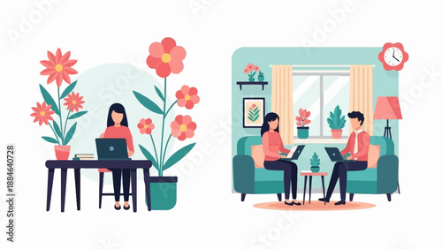 Two scenes of people working on laptops at home with plants and flowers