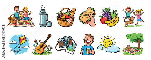 Set of colorful cartoon picnic icons featuring a happy family, food, outdoor activities, and summer elements in a cheerful hand-drawn doodle style illustration collection
