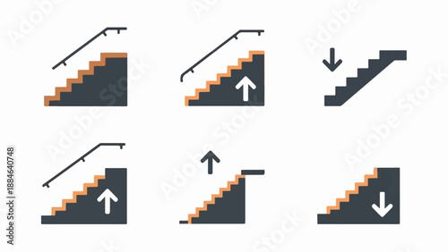 Set of icons depicting stairs with arrows indicating direction of travel