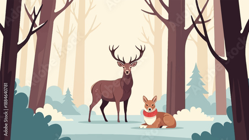 Two deer in a serene, stylized forest with snow-covered ground