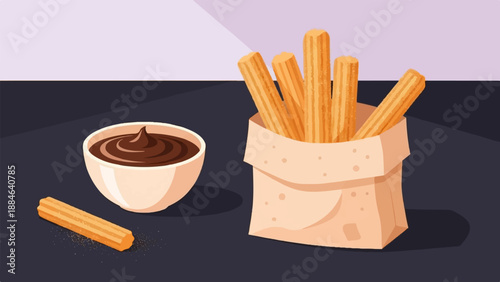 Sweet fried dough sticks with chocolate dip in a festive still life