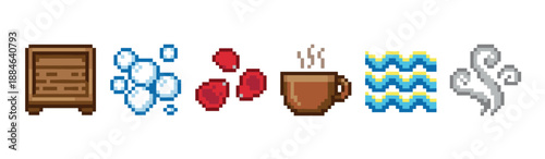 Set of six pixel art icons for video games, including a wooden cabinet, bubbles, red petals, a steaming mug, water waves, and a wind symbol in a retro 8-bit design