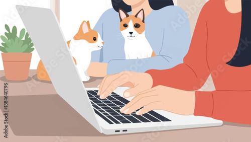 Two people and two cats interact with a laptop and plant