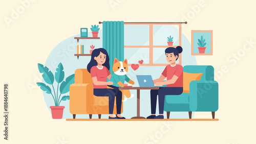 Two people and a dog interact with a laptop in a cozy living room