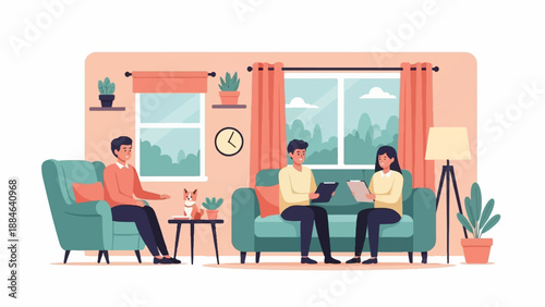 People in cozy living room with dog, plants, and cityscape view