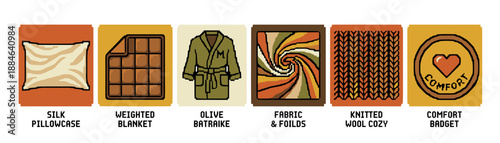 Set of six pixel art icons representing comfort and coziness, featuring a pillow, blanket, bathrobe, fabric swatch, and knitted texture in a retro 8-bit video game style