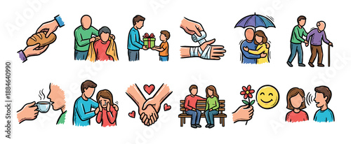 Set of hand-drawn kindness icons showing empathy, compassion, and support through various human interactions like charity, love, care, and help in a colorful doodle sketch style
