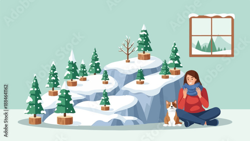 Person with dog by snowy trees, looking out window on winter day