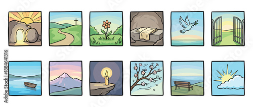 Set of twelve hand-drawn cartoon icons showing Christian symbols of resurrection, hope, and faith, including the empty tomb, a cross on a hill, a peace dove, and the gates of heaven