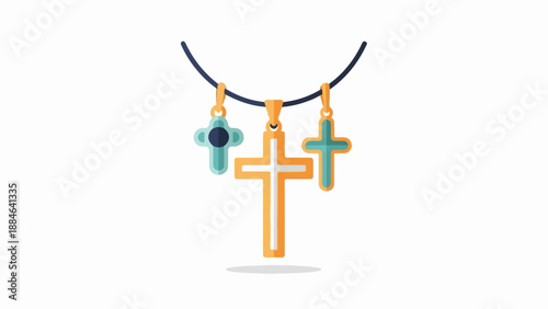 Three distinct cross pendants on a dark string, two in teal, one orange