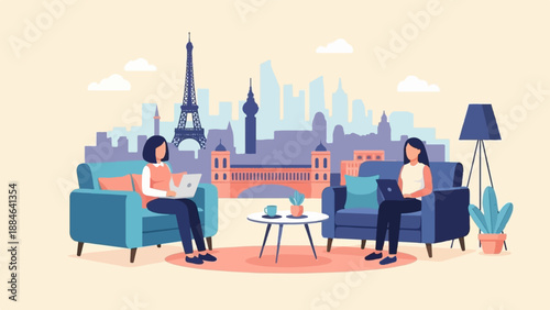 Two women working remotely on laptops with Paris skyline backdrop