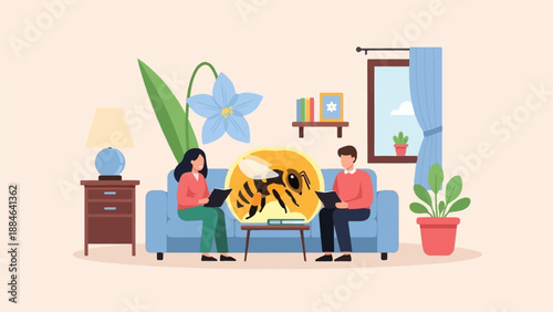 Two people sit on a couch with a bee illustration in a circle