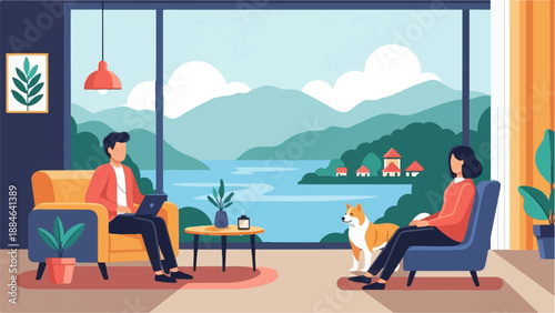 People and dog relax in modern home with scenic lake and mountain view