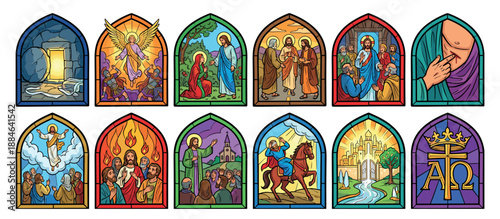 Stained glass window illustrations depicting biblical scenes from the life of Jesus, including the resurrection, ascension, pentecost, and stories of the apostles in a colorful vector art style