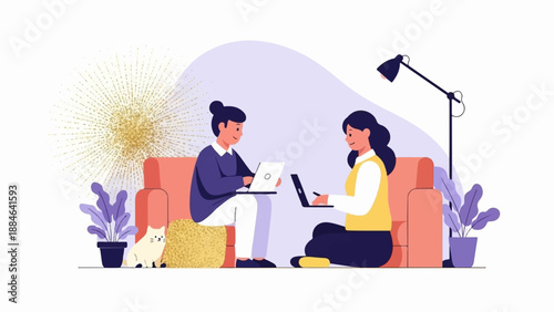 Two people working on laptops with a cat nearby