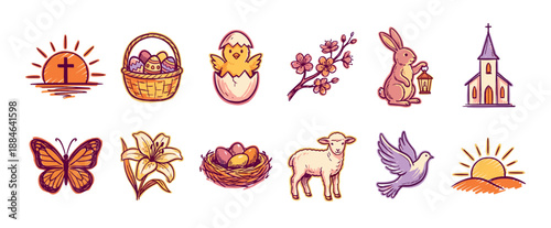 Collection of hand-drawn Easter icons featuring a cross, bunny, chick, lamb, and church in a warm, sketchy, and colorful illustrative style for the spring holiday celebration