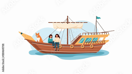 Two people and a dog enjoy a leisurely voyage on a wooden sailing ship