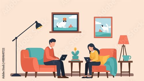 Two people sit on sofas, each using a laptop, in a cozy room