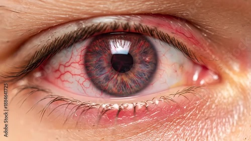 Close-Up of Eye with Inflammation - This video showcases a detailed close-up of an eye exhibiting signs of inflammation, including redness in the surrounding skin and visible blood vessels, which may
